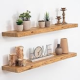 Acovy Extra Deep 24/32/36/40/48/55/72" Live Edge Rustic Floating Shelves for Wall, Solid Elm Wood Wall Shelves for Living Room Bathroom Bedroom Kitchen, Natural