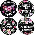 Boao 4 Pcs Car Cup Holder Coasters 2.56 Inch Floral Style Car Coasters Absorbent Ceramic with Finger Notch for Keeping Cup Holders Dry Clean Cute Car Accessories Interior for Women(Black Background)