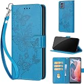 Wallet Case for Motorola Moto G Play 2024, Blue Butterfly | Women Flip Folio Cover, Embossed PU Leather, Stand, Credit Card Holders Slots, Wrist Strap