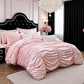 Bedorm King Size Satin Comforter Set 9 Pcs Pinch Pleat Bedding Comforter Extra Soft Fluffy Silky Pink Satin Bedding Set with Comforter, Flat Sheet, Fitted Sheet, Pillowcase & Cushion Cover