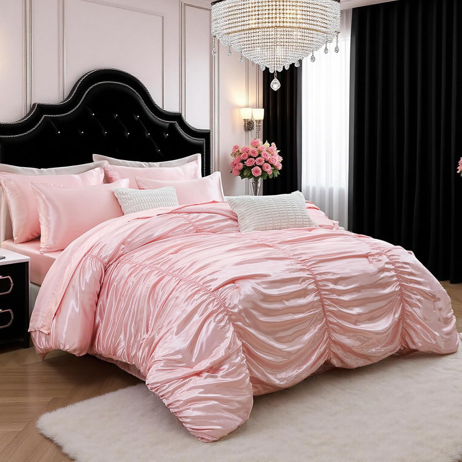 Photo 1 of Bedorm Queen Size Satin Comforter Set 9 Pcs Pinch Pleat Bedding Comforter Extra Soft Fluffy Silky Pink Satin Bedding Set with Comforter, Flat Sheet, Fitted Sheet, Pillowcase & Cushion Cover
