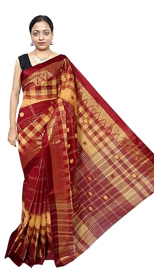 Womens Dhonekhali Buti Tant saree | RS306 | Maroon - Mustard | Free Size