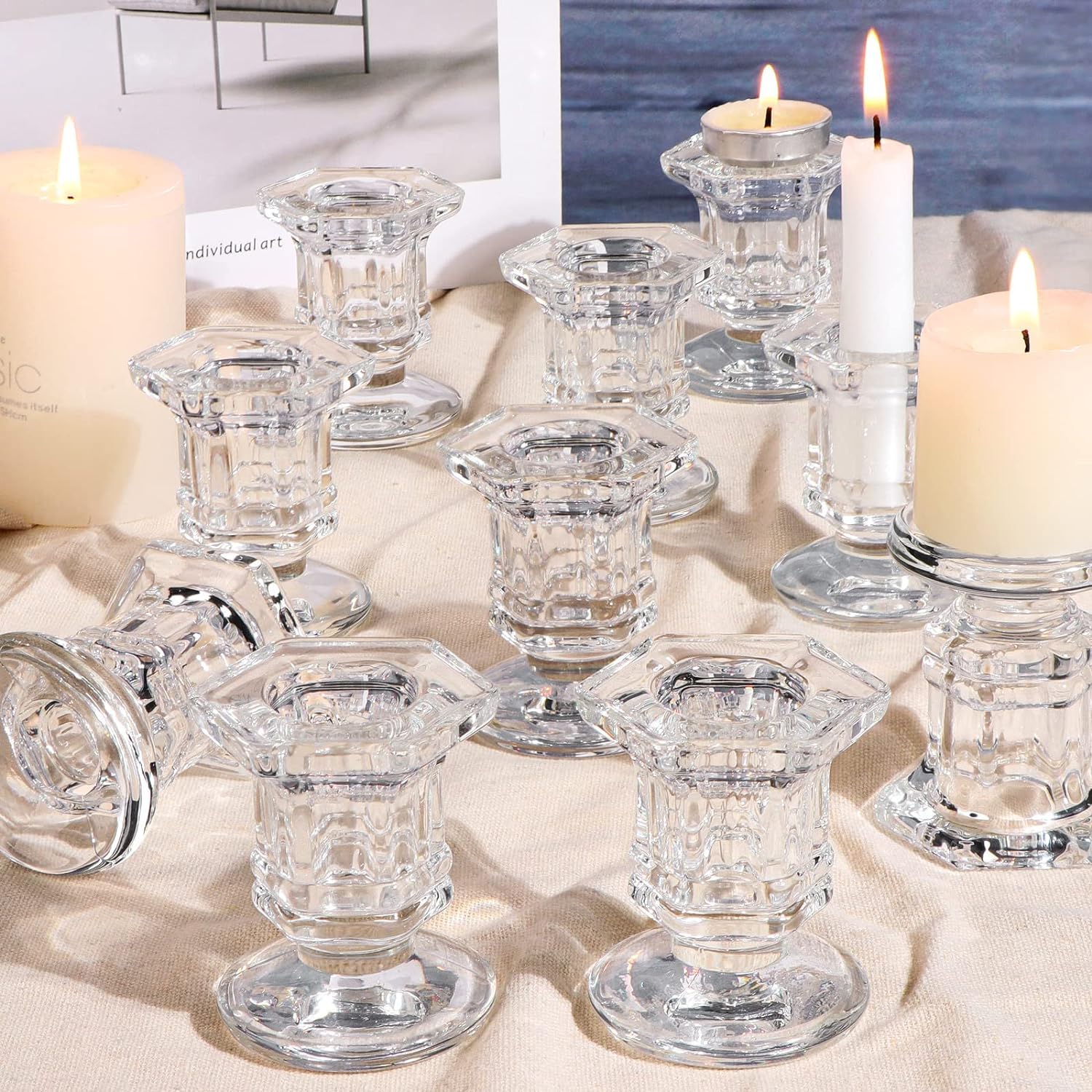 Clear Glass Candle Holder Set of 12- Aongray Taper Hexagonal Candle sticks Holders for Wedding, Festival, Party &Table Decoration