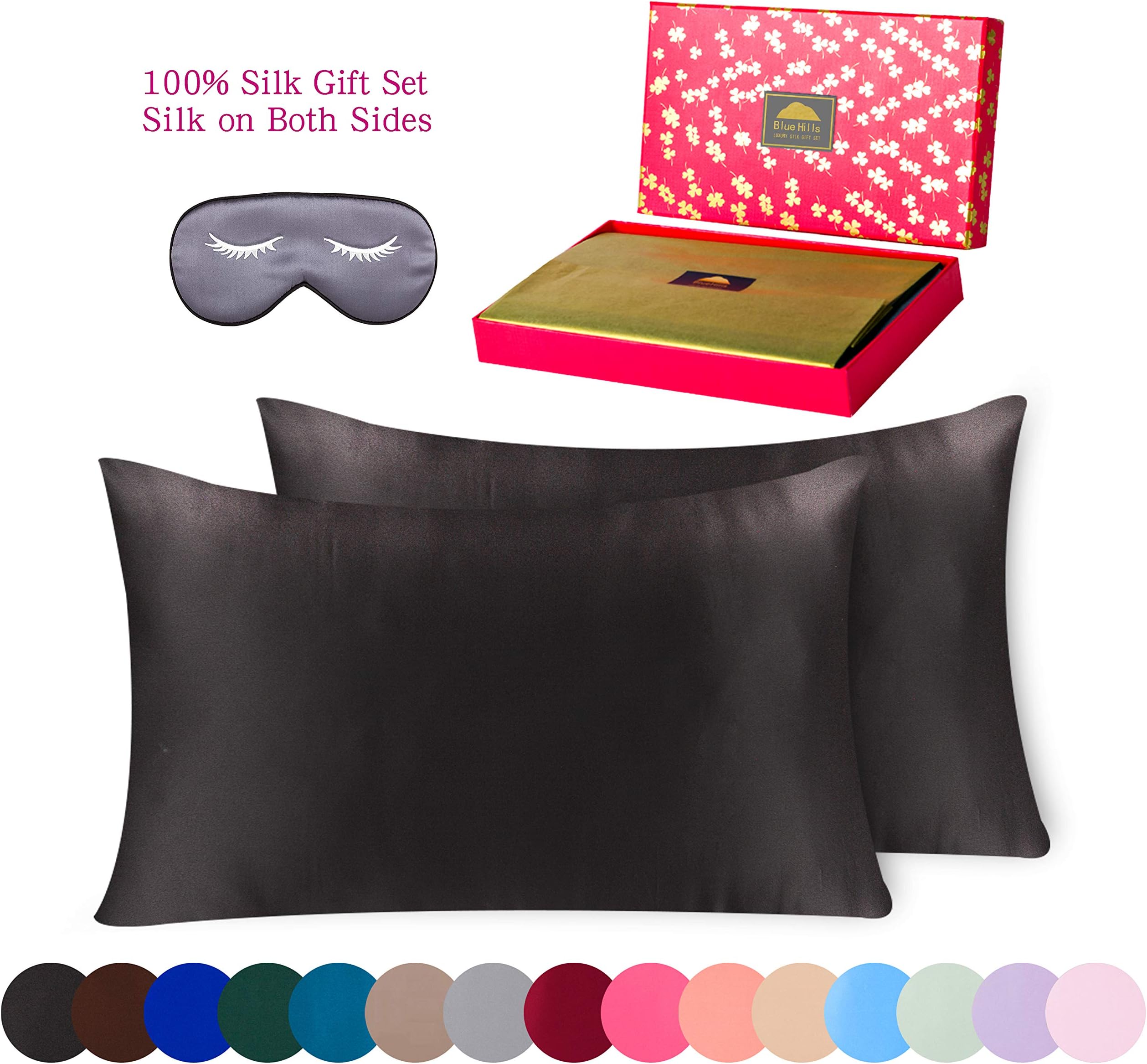 BlueHills 3 Piece Luxury Silk Gift Set 100% Pure Mulberry Natural Soft Silk Pillowcase 2 Pack for Hair and Skin Hidden Zipper & Silk Eye Mask in Gift Box Queen Size, Black Color Q009