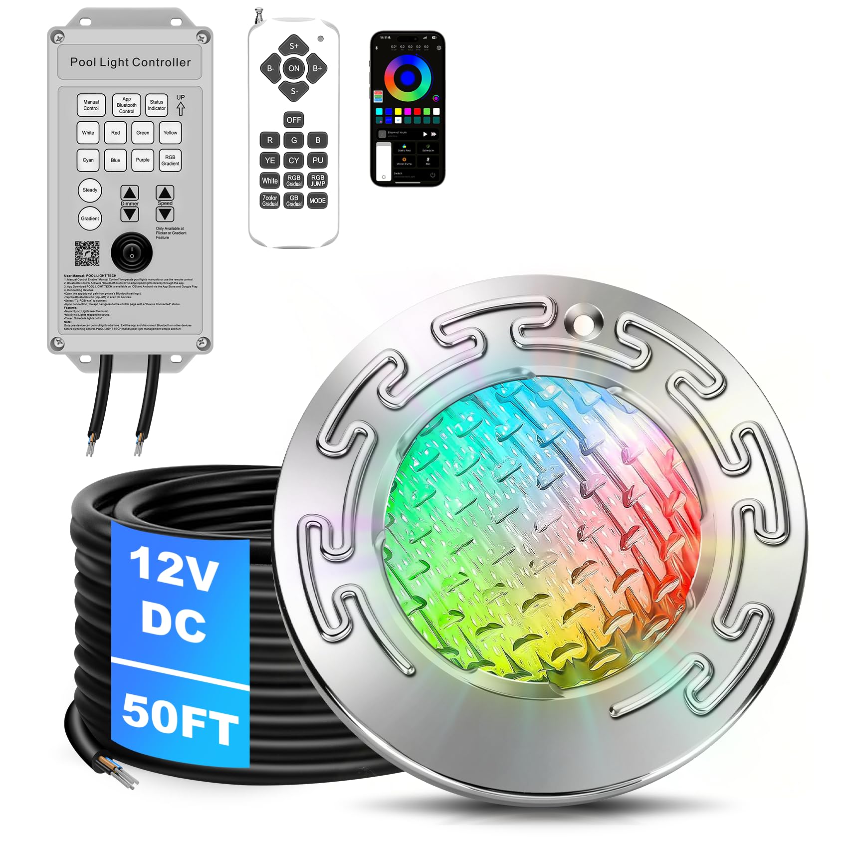 Photo 1 of 6 Inch Led Pool Spa Lights for Inground Pool, 12V DC Spa Lights with Remote and Transformer Controller, IP68 Waterproof, Color Changing Underwater Pool Light with 50 FT Cord for 6 Inch Wet Niches