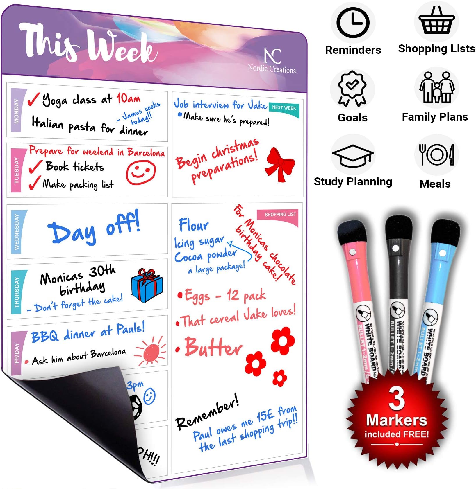 Large Magnetic Weekly Whiteboard Planner for the Fridge - Perfect as a Calendar and Meal Planner, for Shopping Lists and Memos
