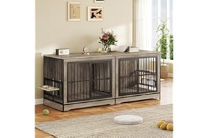 Rovibek 78 Double Dog Crate Furniture for 2 Large Dogs Indoor, Wooden Furniture Dog Crates with Dog Bowl, Dog Kennel Furniture TV Stand Large Breed Grey