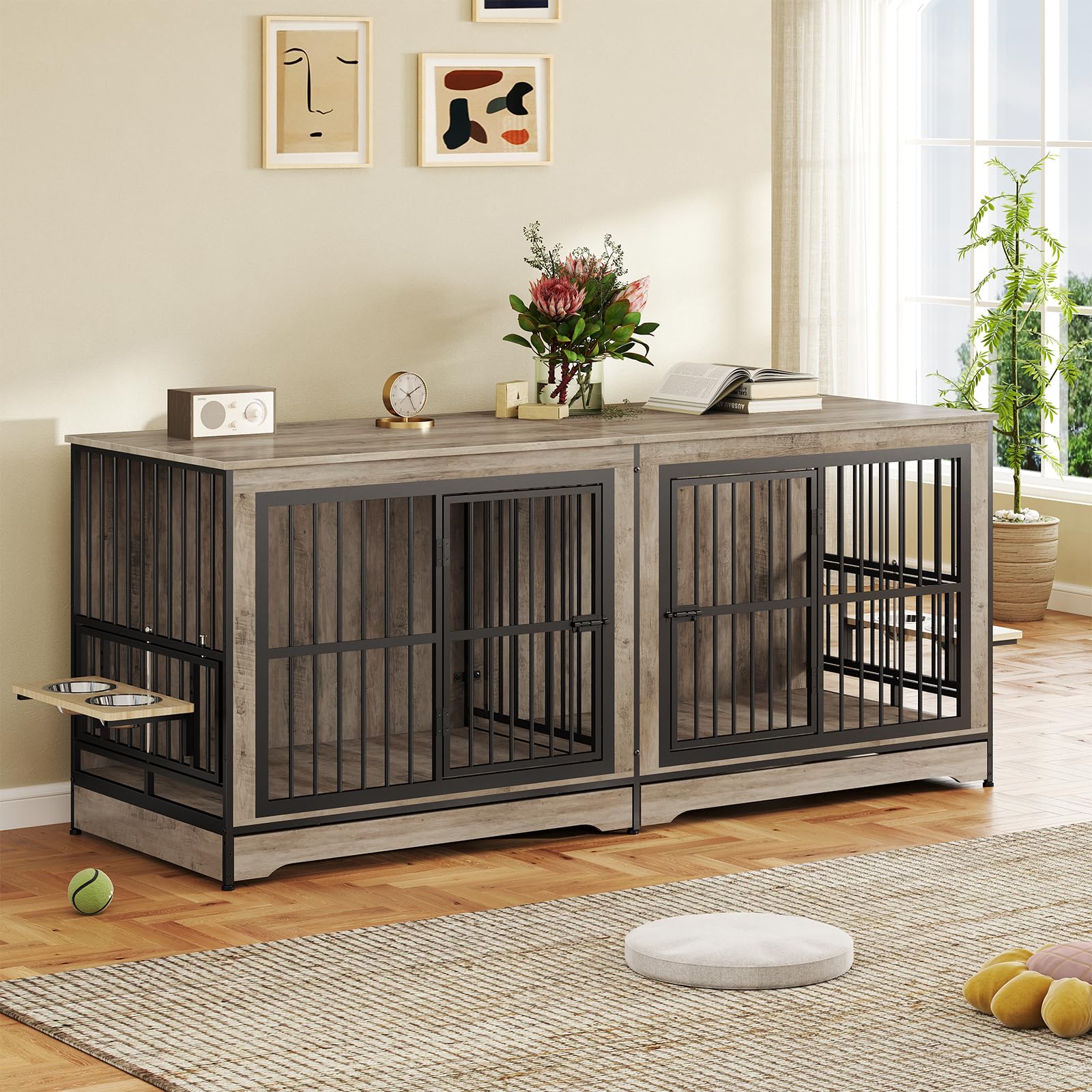 Photo 1 of *PREVIOUSLY ASSEMBLED MISSING PARTS** Rovibek 78 Double Dog Crate Furniture for 2 Large Dogs Indoor, Wooden Furniture Dog Crates with Dog Bowl, Dog Kennel Furniture TV Stand Large Breed Grey