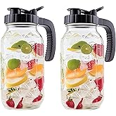 2 Quart Glass Mason Jar Pitcher With Lid 2 Set 64 Oz Wide Mouth Cold Hot Water Pitcher Half Gallon Sun Tea Coffee Jug Carafe For Fridge Lemonade, Beverage,Milk,Juice, Cold Brew Iced Tea Container
