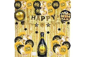 Tangrove New Years Eve Party Supplies 2026 – Black & Gold Happy New Year Decorations Set with Banner, Balloons, Paper Garland, Fringe Curtain, Glue Dots & Ribbon