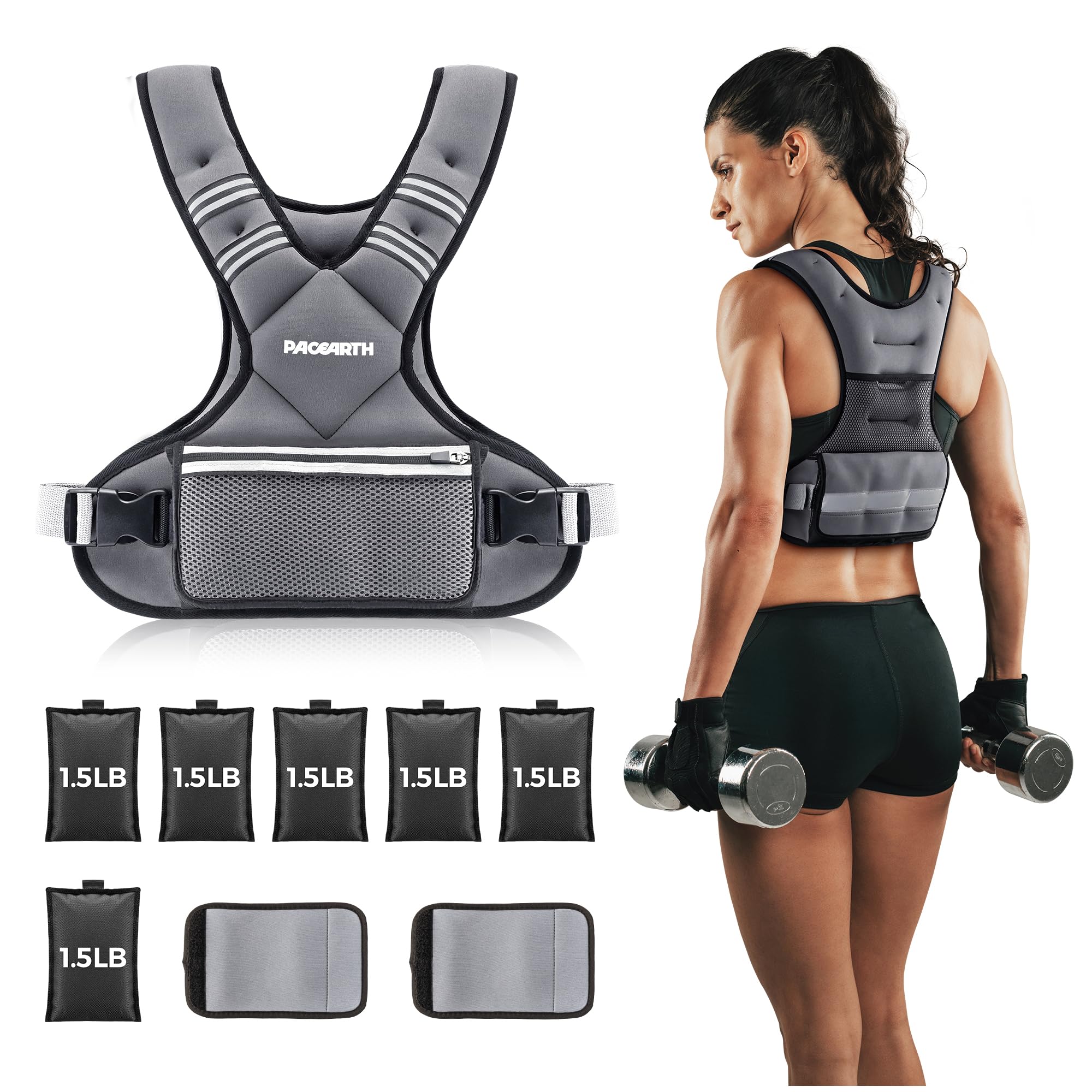Photo 1 of Adjustable Weighted Vest PACEARTH Ironsand Weight Vest with Six 1.5-lb Adjustable Weights, 11-20 lbs Total, Big Zipper Pouch, Home Workout Weight Vest for Men and Women in Cardio and Strength Training