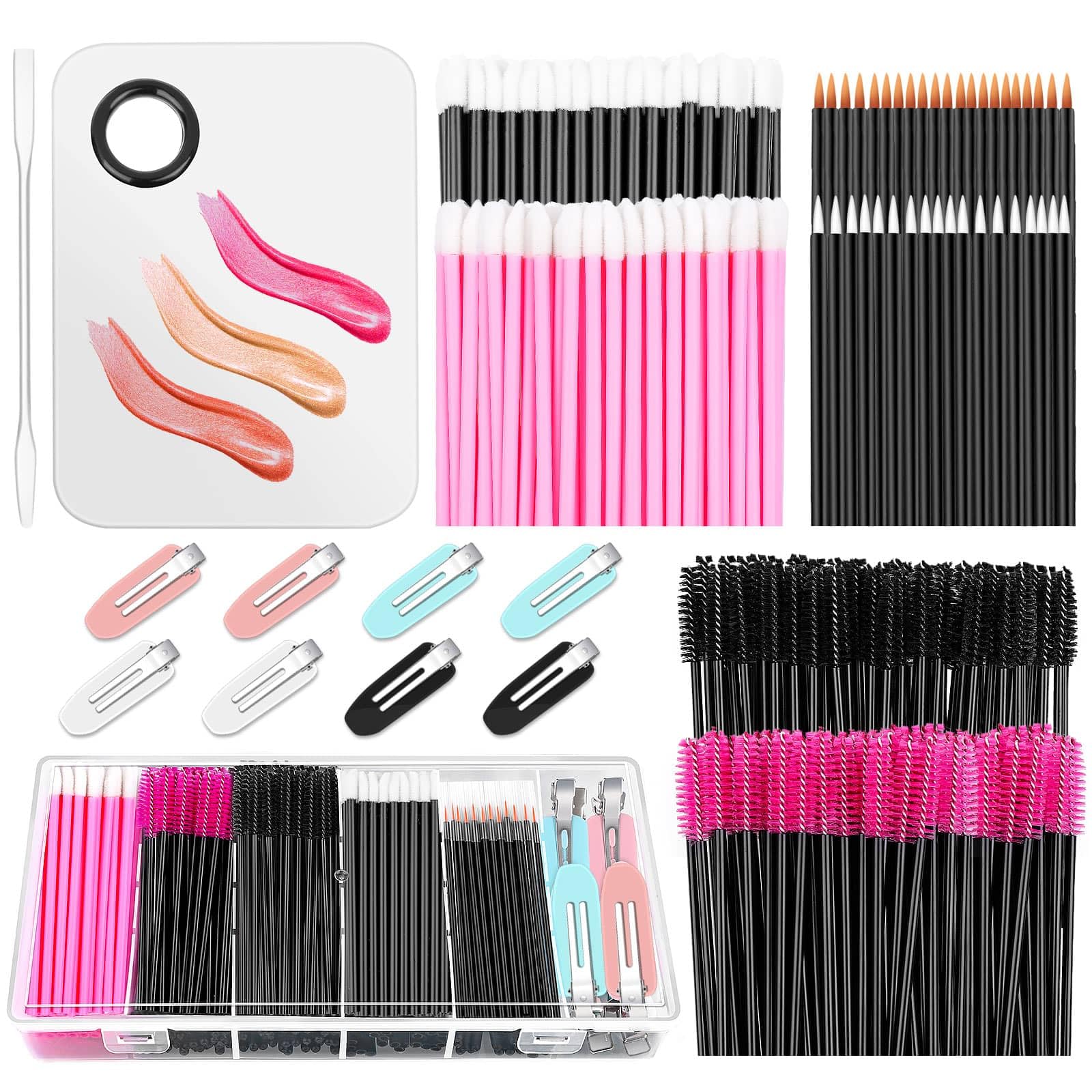 Shynek Makeup Mixing Palette with Spatula, Disposable Makeup Brushes, Mascara Wands, Lip Applicators, Hair Clips with Organizer Box