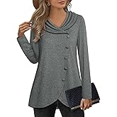 VALOLIA Womens Long Sleeve Tops Fall Winter Buttons Side Tulip Hem Lapel Pullover Sweatshirt