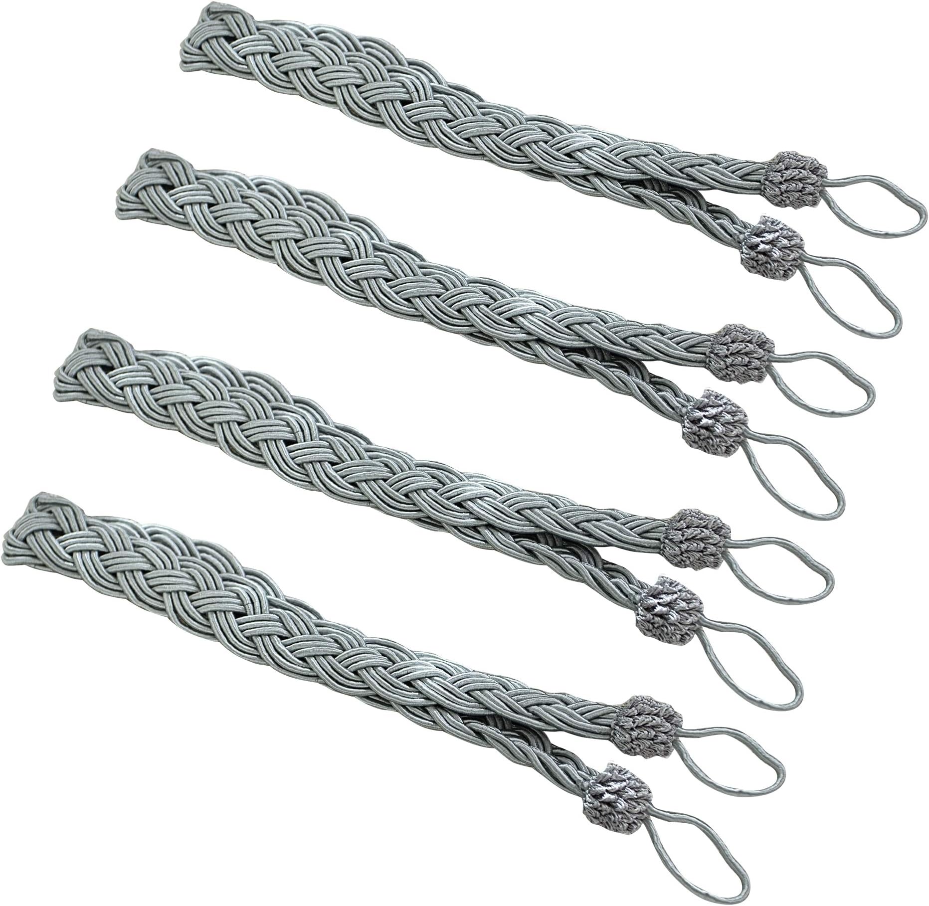 PRAVIVE Braided Curtain Rope Tiebacks - Indoor Outdoor Cutain Tie Backs/Holdback with Buckles (Gray), Set of 4