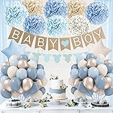 Dusty Blue Baby Shower Decorations with Dusty Light Blue Sand White Gold Paper Pompoms Balloons Metallic Gold Balloons Banner for Grnder Reveal Baby Shower Decorations