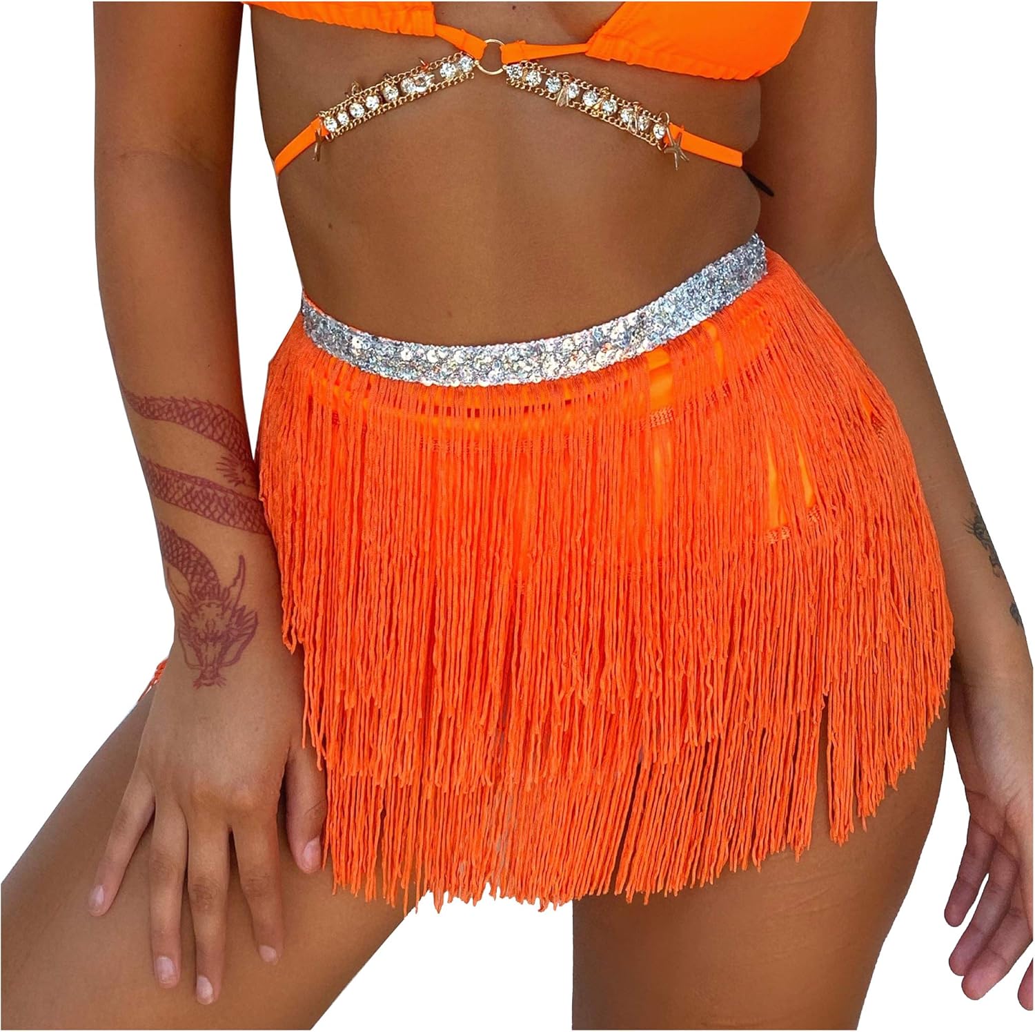 Wuchieal Belly Dance Costume Hip Scarf Belt Tribal Fringe Tassel wrap Belt (Orange, One Size): Clothing