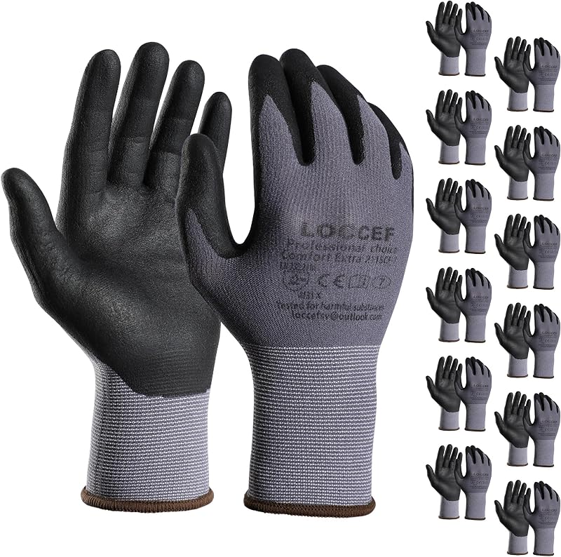 LOCCEF Safety Work Gloves MicroFoam Nitrile Coated 12 Pairs Grey 9/L