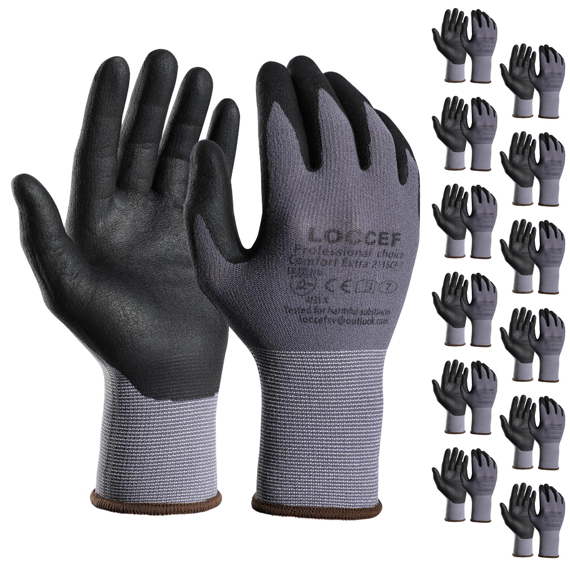 LOCCEF Safety Work Gloves MicroFoam Nitrile Coated-12 Pairs,Seamless Knit Nylon, Home Improvement,Micro-Foam Gloves (7/S, Grey-12 Pairs)