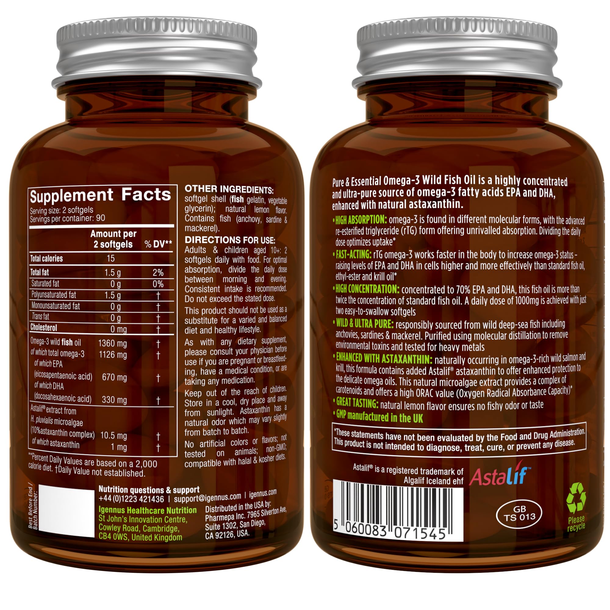 Igennus Ultra Pure Omega 3 Triglyceride rTG Wild Fish Oil 1360mg, IFOS Certified, EPA DHA 1000mg Plus Astaxanthin, Non-GMO, for Men & Women, 180 Softgels