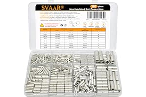 SVAAR 380PCS Non Insulated Butt Connectors Kit Butt Splice Connector Uninsulated Wire Splice Connectors for 26 to 6 Gauge Wire Marine Grade Tinned Copper Seamless Barrel Crimp Butt Splice Terminals