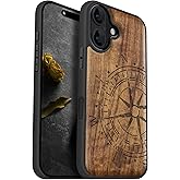 Carveit Magnetic Wooden Case for iPhone 16 Case, Wood Artisan Engraved & Black Soft TPU Shockproof Cover, Compatible with MagSafe Wireless Chargers (The Incomplete Compass) Walnut