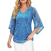 Blouse for Women Dressy Casual Summer Chiffon 3/4 Sleeve Tops Business Work Shirts Double Layered Tunic Evening Party