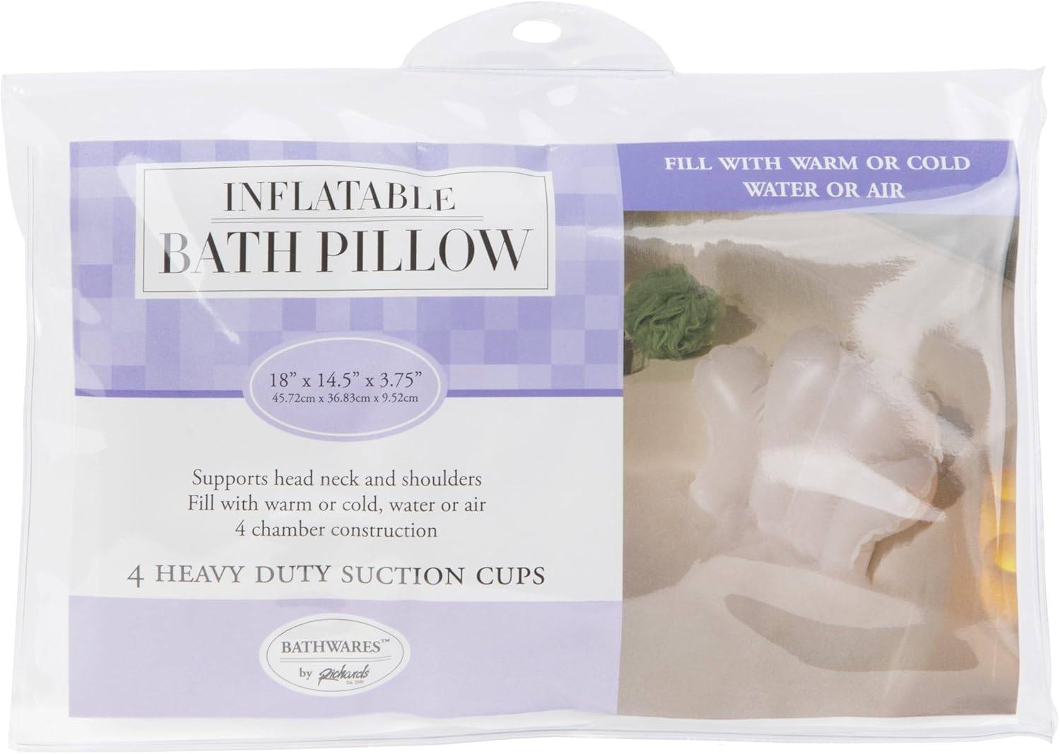 Richards Homewares Luxury Spa Bath Pillow – 100% PVC, Durable Vinyl Material – Inflatable – Non Slip with 4 Suction Cups – Neck & Shoulder Support – Waterproof - White - 18” x 14.5” x 3.8” Inch: Home & Kitchen