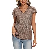 MINTLIMIT Womens Full Sequin Tops Glitter Party Shirt Cap Sleeve Sparkle Blouses V-Neck Loose Summer Shimmer Tunic Shirts