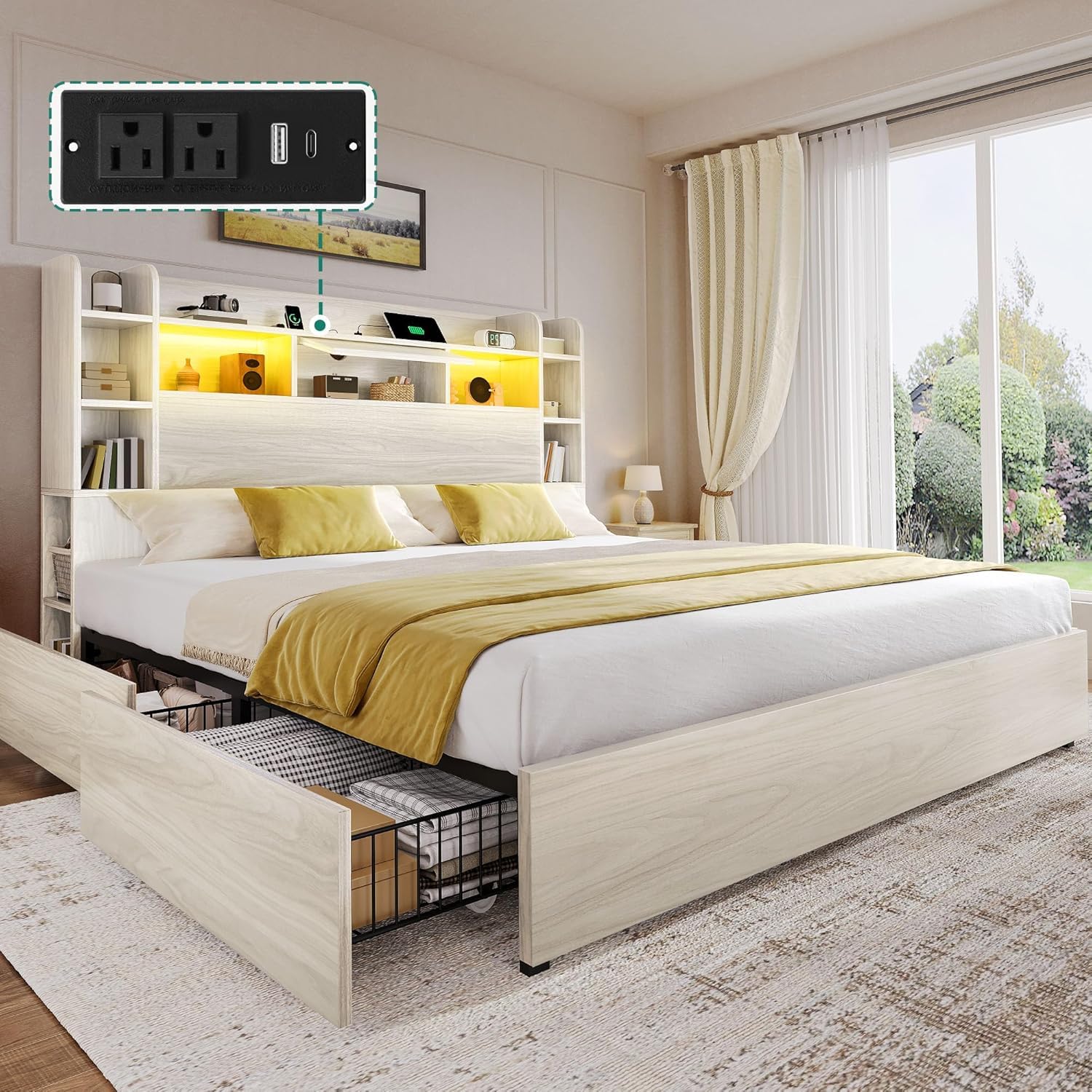 Photo 1 of *INCOMPLETE BOX 1 OF 2* DWVO King Size Bed Frame with Bookcase Headboard and 4 Storage Drawers, RGB LED Bed Frame with Type-C & USB Charging Station Storage Headboard Bed, No Box Spring Needed, Noise Free, Antique White