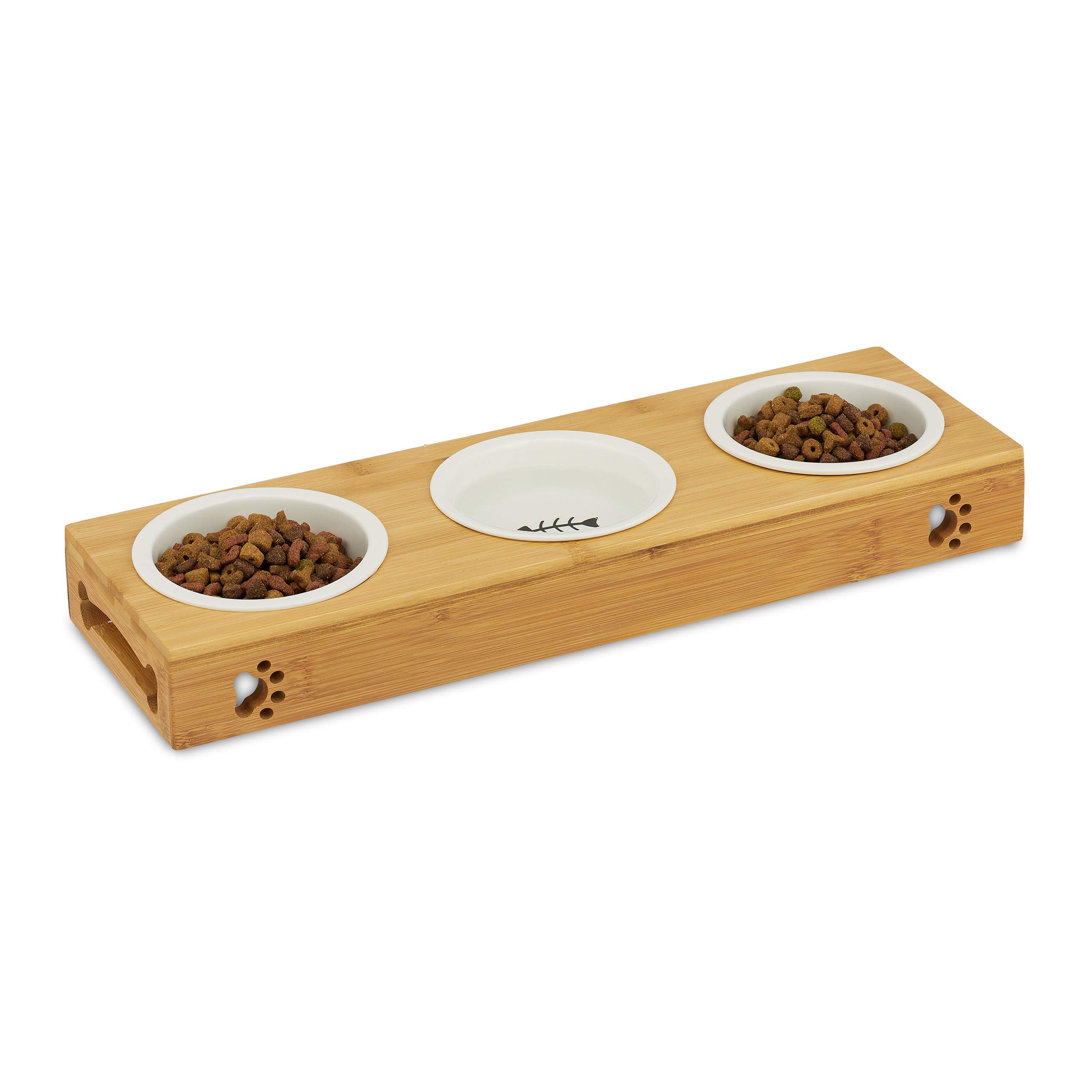 Relaxdays Bamboo Dog Feeding Station, 3 Ceramic Bowls, Water & Food, Dishwasher-Safe, Cats, Various Sets, Natural, 10028853_59
