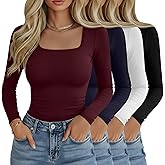 Riyiper 4 Pack Women's Square Neck Long Sleeve Tops Going Out Slim Fit Shirts Tight Layer Basic Tee 2026 Winter