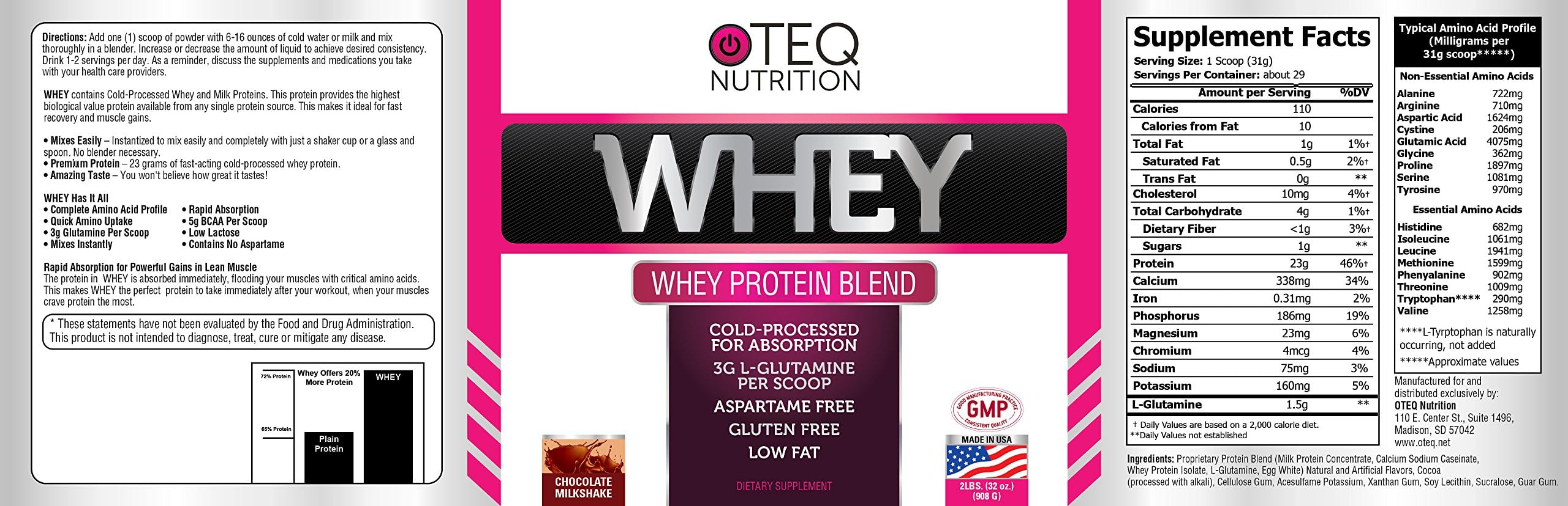 3-in-1 Whey Protein Powder Blend Supplement • Long-Lasting (7 Hours) Absorption & Release • Cold-Pressed & Made in The USA: OTEQ Nutrition