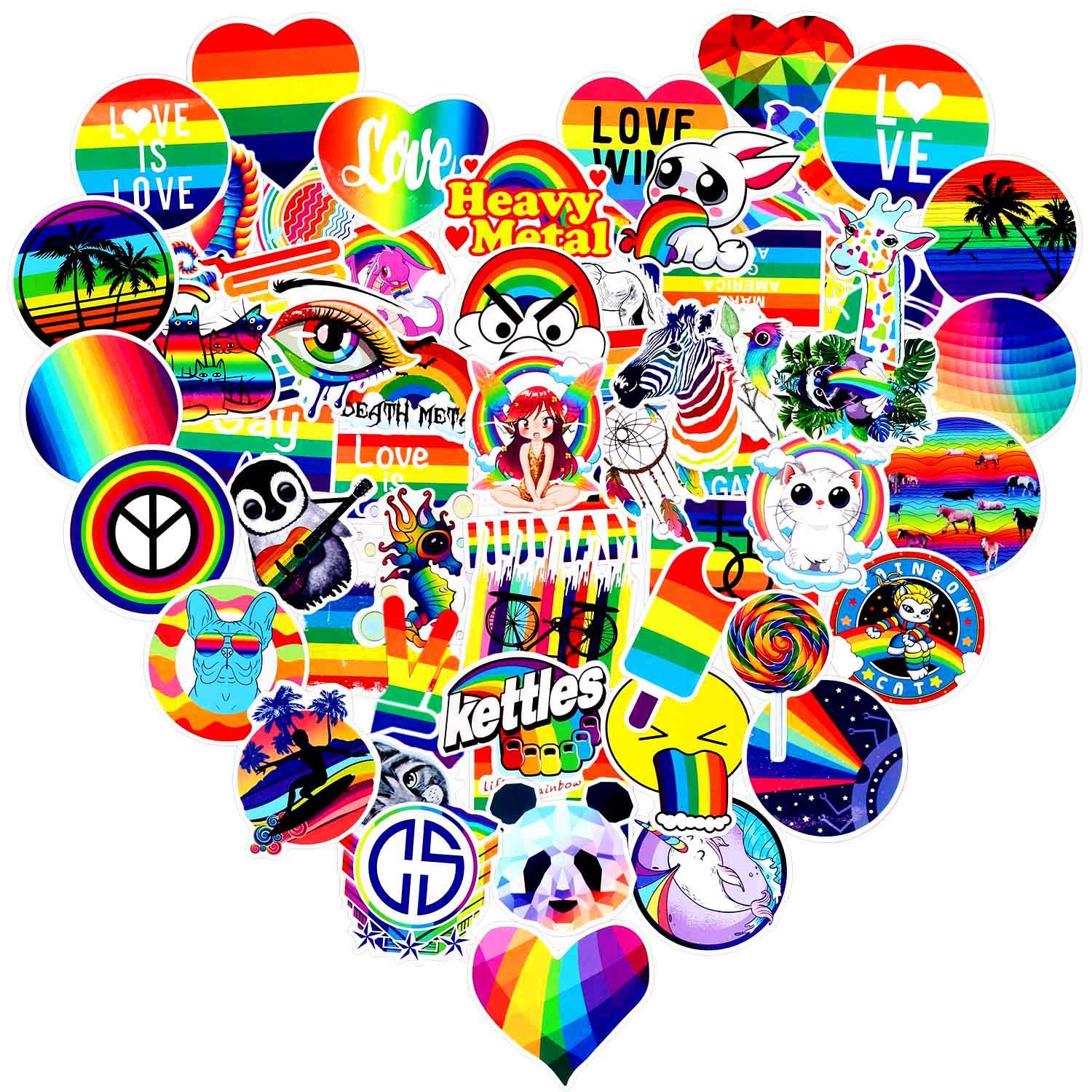 100 Pcs Cute Gay Pride Stickers Pack Bright Technicolor Rainbow Stickers for Fridge Water Bottle Laptop Scooter Notebook Cup Suitcase Furniture Bedroom