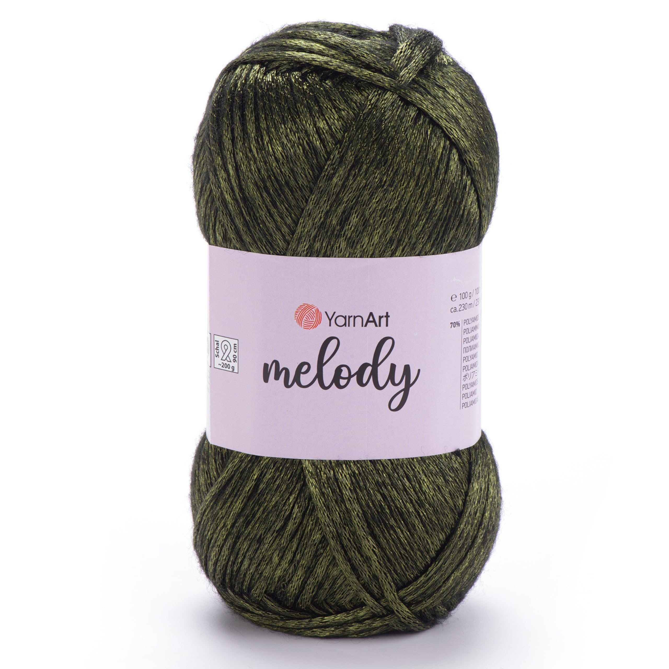 Photo 1 of 1 Ball YarnArt Melody, Chainette Yarn, Shiny Metallic Sheen Yarn for Knitting, Crochet, Embroidery, 100 Grams (3.5 oz), 230 Meters (251 Yards), 70% Polyamide 21% Acrylic 9% Wool Blend Green - 898