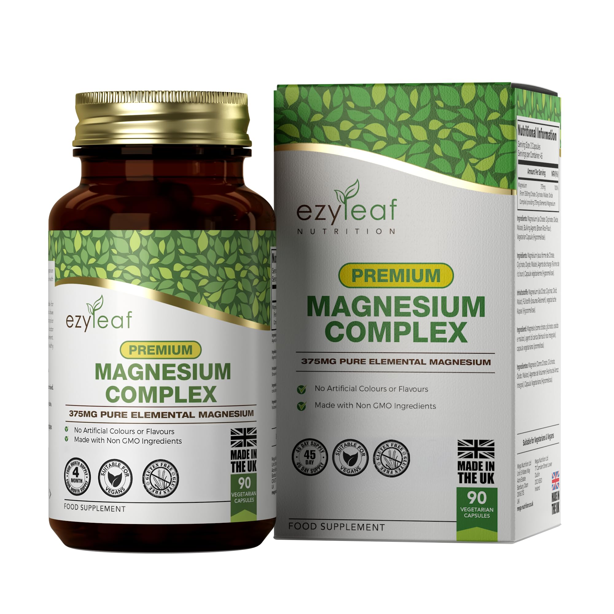 Ezyleaf Magnesium Complex | 375mg Pure Elemental Magnesium Per Serving | Mag Glycinate, Malate & Mag Citrate | 90 Vegan Capsules | ISO Certified, Allergen & Gluten Free | UK Made