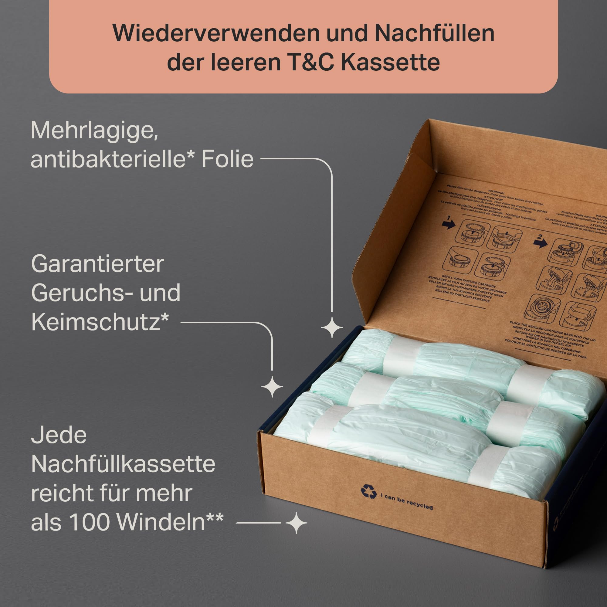 Tommee Tippee Twist & Click Nachfüllfolie für Windeleimer, 3er-Pack, je 10,5 m, mehrlagige antibakterielle* Folie, passend für Twist & Click Kassette, 3 x 10,5 m 4