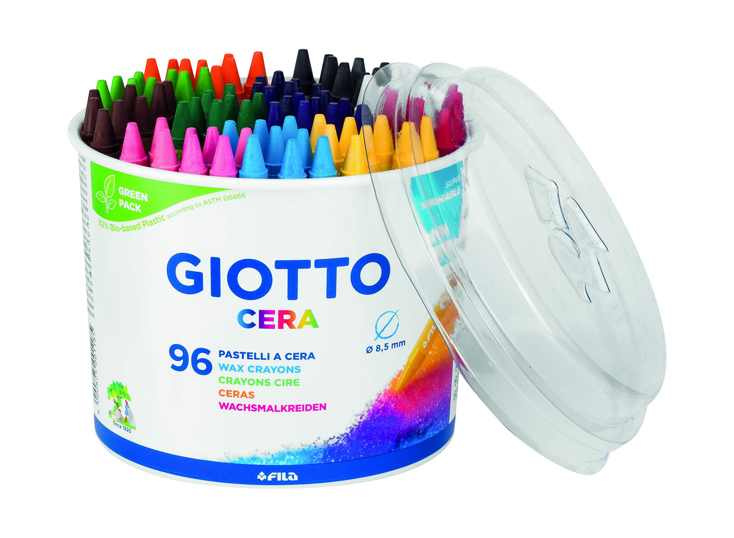 GIOTTO Cera Wax Crayons for Children, Pot of 96 Assorted Colours, Super Washable, For Home and Schools