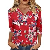 KISSMODA 3/4 Length Sleeve Shirts for Women Floral Business Shirts Tops Blouses Tops Loose Fit T-Shirts