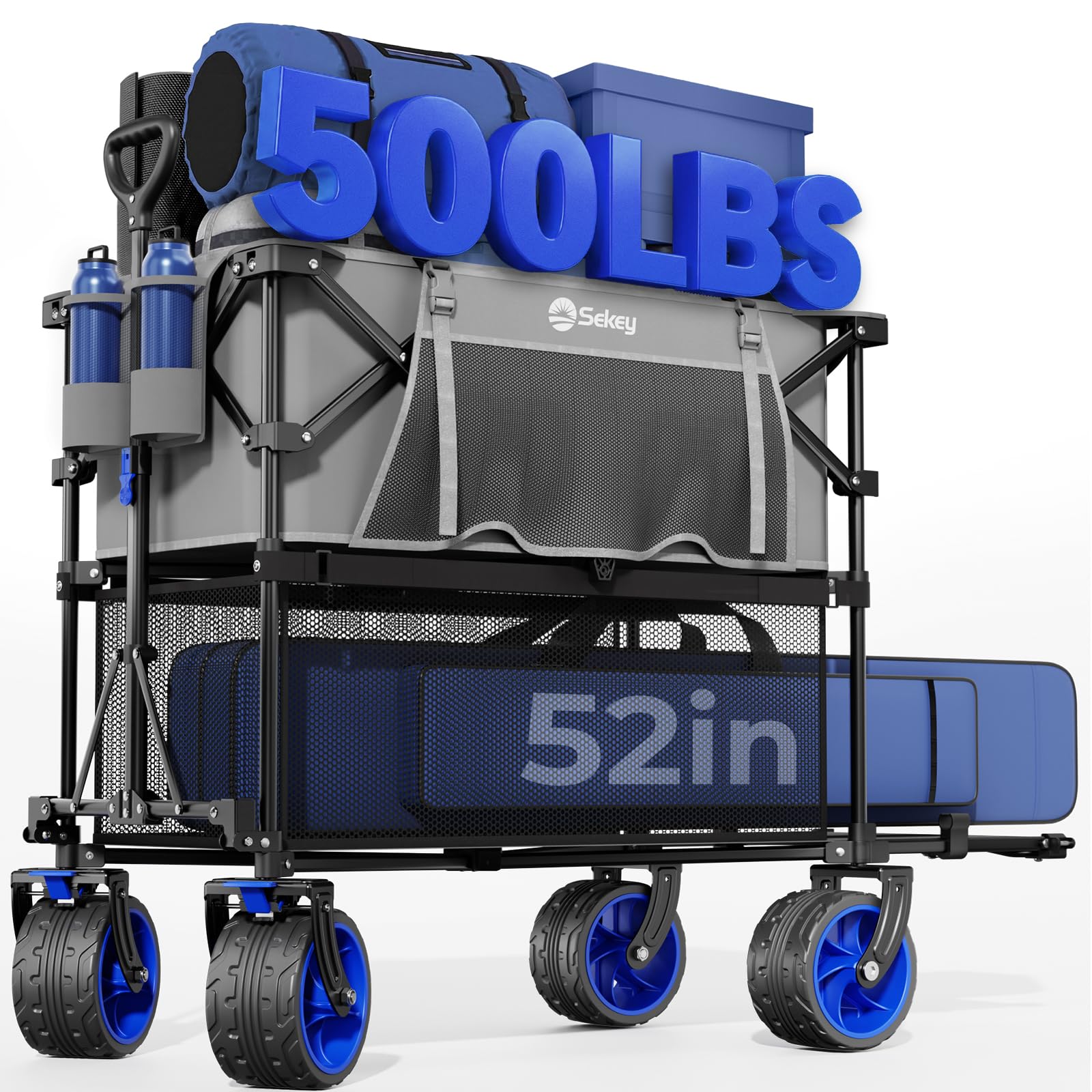 Sekey 500LBS Heavy Duty Double Decker Wagon with Extender, 400L Large Capacity Collapsible Garden Cart Fits 10x10 Canopy, All-Terrain Big Wheels with Brakes, Foldable Utility Wagon for Sports, Camping Image