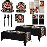 Oudain 162 Pcs Mexican Party Decorations 2 Mexican Serape Tablecloths Dia De Los Muertos Rectangular Mexio Party Plates Serape Napkins Fiesta Theme Dinnerware Set (Fiesta)