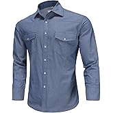 COEVALS CLUB Men's Denim Western Cowboy Pearl Snap Casual Button Down Up Long Sleeve Soild Work Shirt