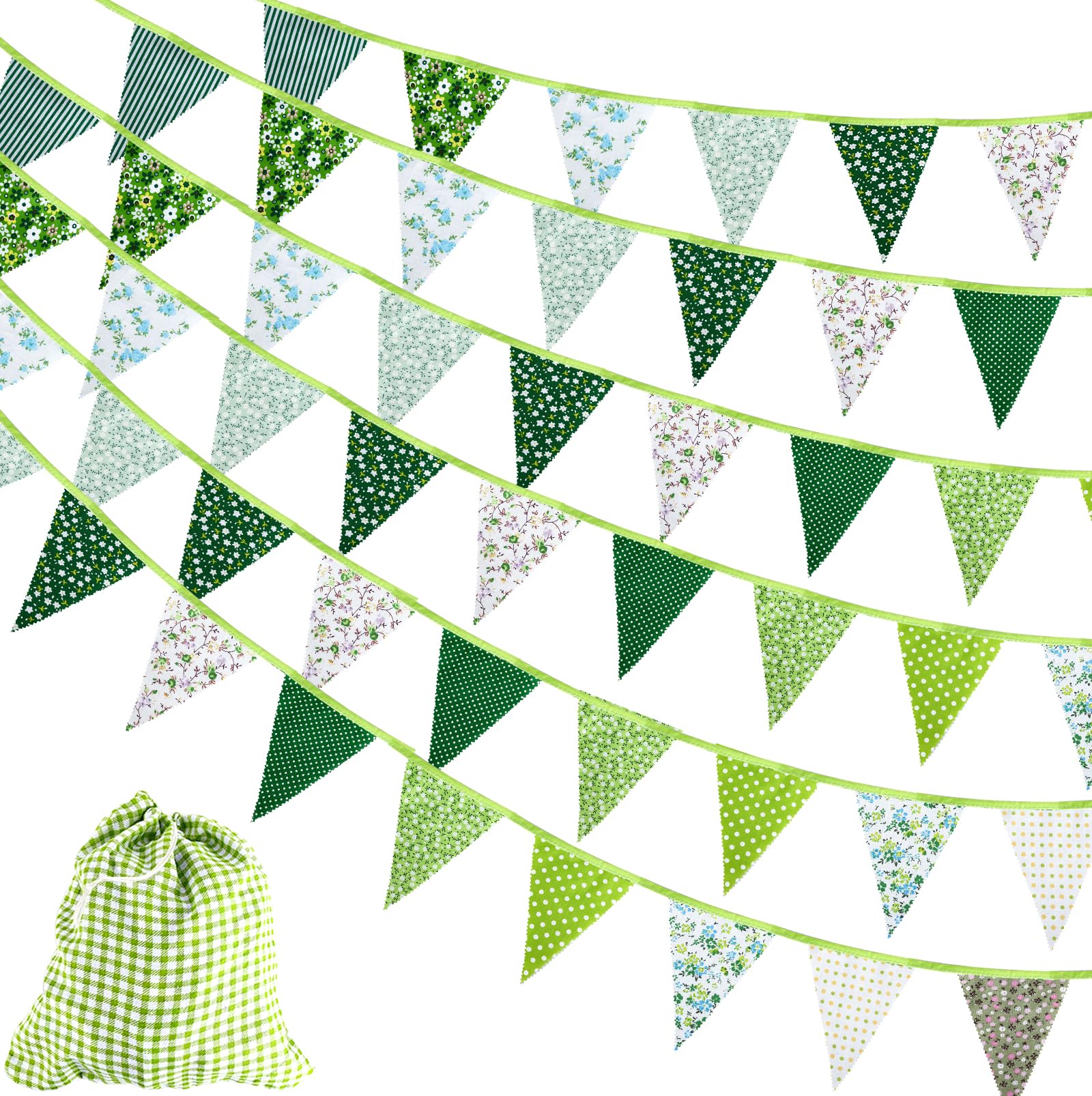 40FT/12M Fabric Bunting Banner, 42PCS Fabric Triangle Flag, Reusable Cotton Bunting Floral Pennants, 15x19 CM Outdoor Bunting Party Bunting for Garden Wedding Baby Shower Birthday Parties (Green) — image 1