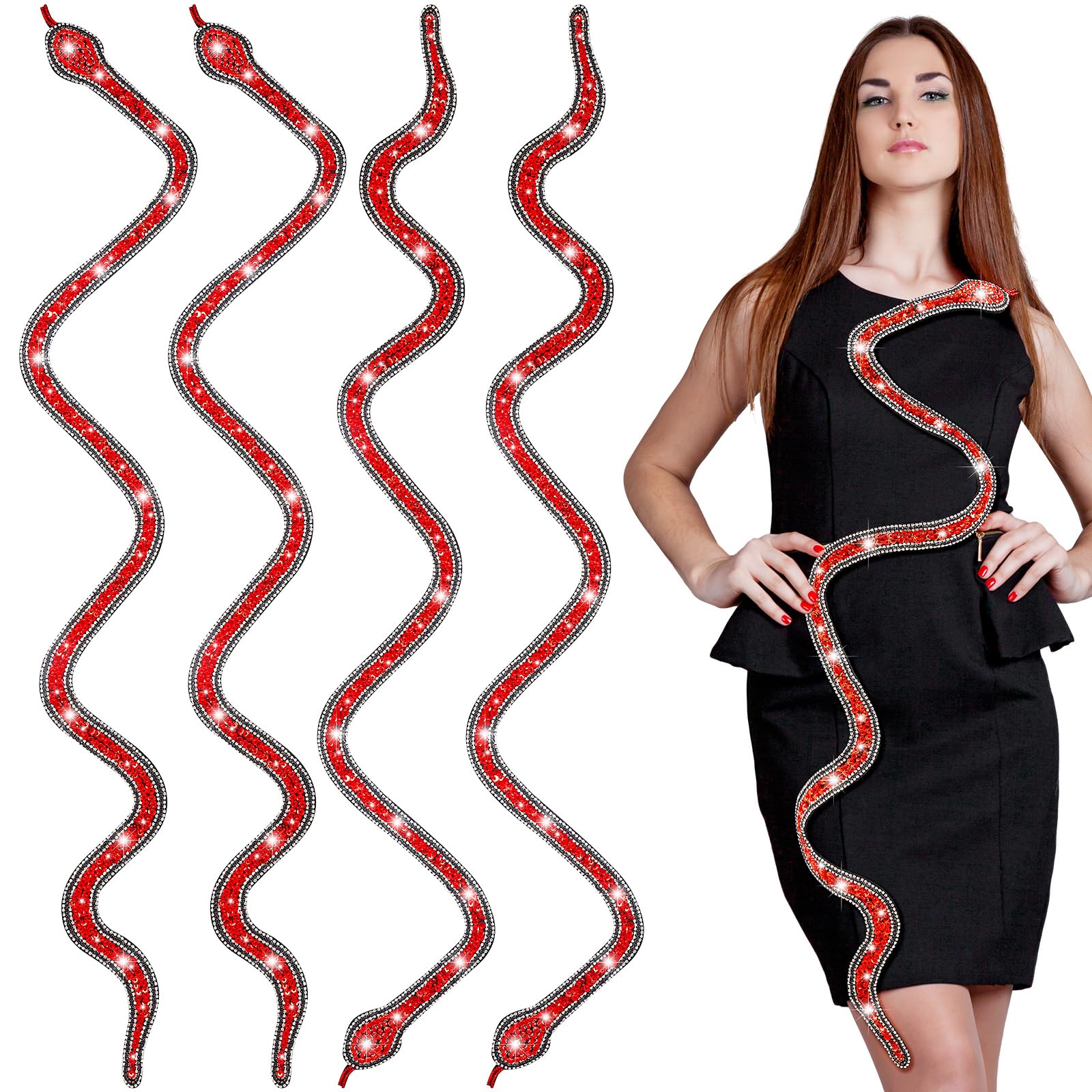 Photo 1 of Riceshoot 4 Pcs 38'' Long Red Sparkle Sequin Snake Patch, Rhinestones and Sequin Red Snake Shaped Patch Applique Trim Ribbon for Outfit, Halloween Cosplay Singer Concert Bodysuit Jumpsuit