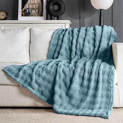 Sage Green Faux Fur Throw Blanket for Couch, Soft Fluffy Bubble Blanket for Bed Sofa, Thick Warm Plush Fuzzy Rabbit Fur Blanket for Neutral Home Decor, 50"X 60"