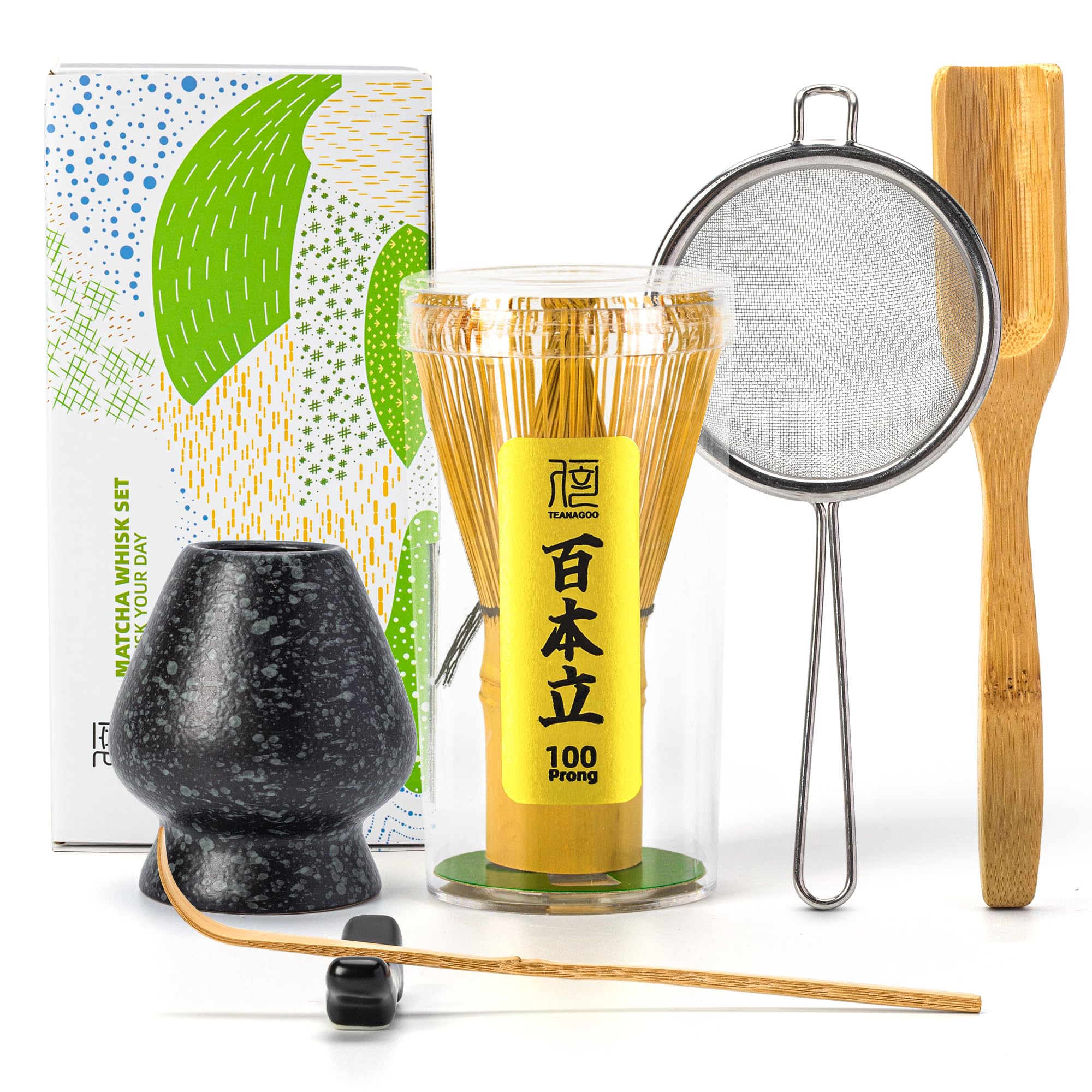 Photo 1 of TEANAGOO Matcha Whisk Set,Bamboo Matcha Whisk (100 prongs) with Black Holder,6-PCS Traditional Starter Set,Scoop (Chashaku),Bamboo Chasen for Making Latte,Ceremony Accessory,Gife for Friend/Family