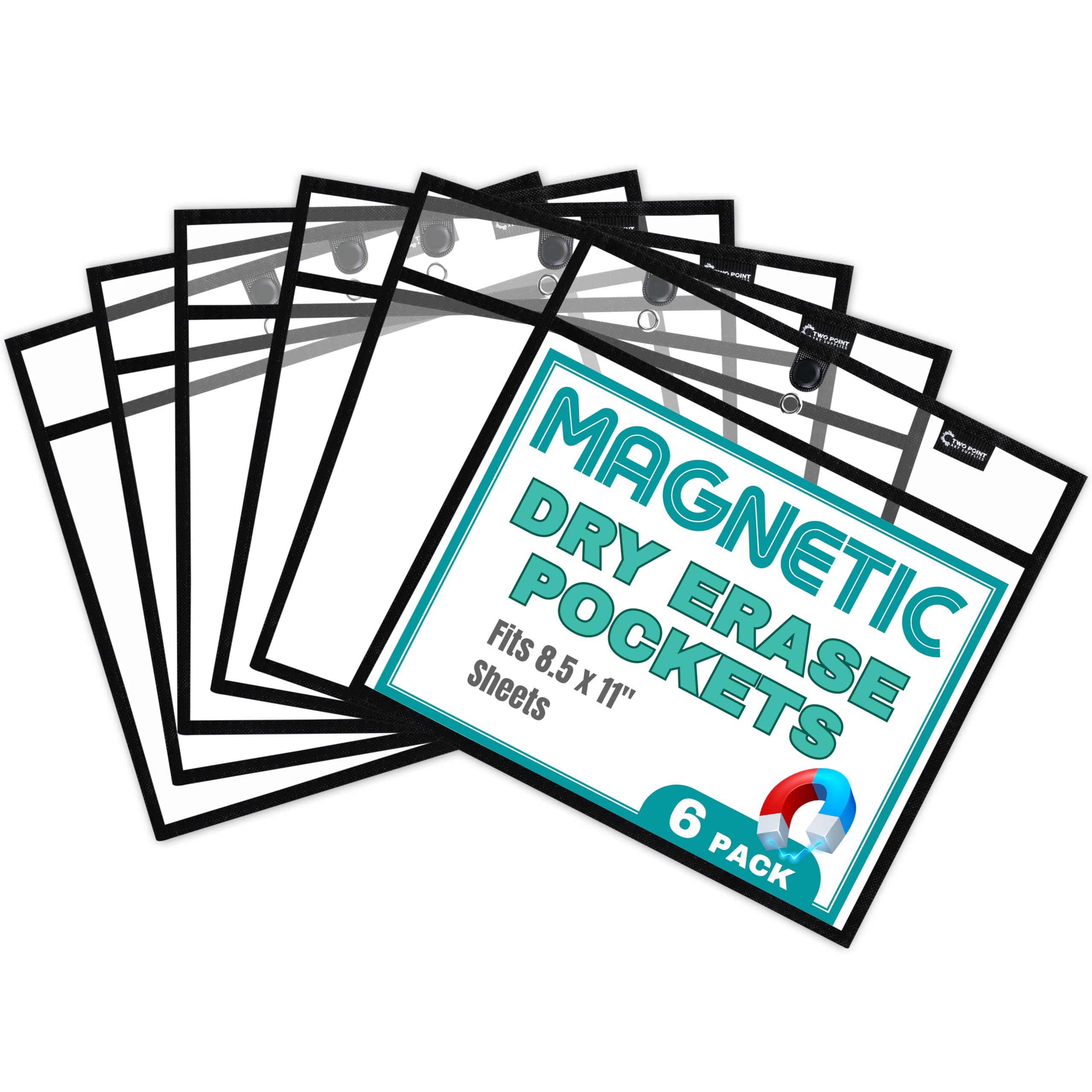 Magnetic Dry Erase Pockets by Two Point (6-Pack) A4 - Landscape - Black Clear Plastic Sleeves for Paper, Shop Ticket Holders, Job Ticket Holders, Clear Paper Sleeves, Dry Erase Sleeves