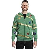 Mad Engine Extreme Christmas Tree Hoodie with Balls and Stars Green Zip-Up Costume Sweatshirt for Holiday Parties