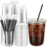 Ziliny 100 Pack 16 oz Clear Plastic Cups with Lids and Straws Disposable Iced Coffee Cups Round Bottom To carry Cup for Coffee Smoothie Cold Drinks Juice Milkshake Tea (Black)