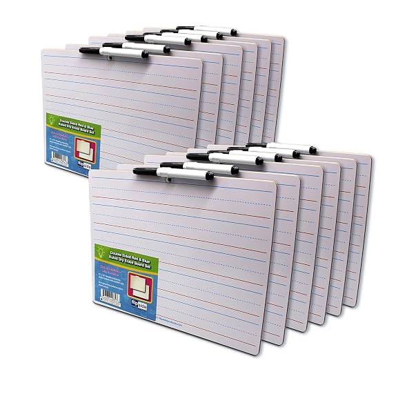 FLIPSIDE PRODUCTS 9″ X 12″ TWO SIDED DRY ERASE RED & BLUE RULED WITH ATTACHED MARKER, LEARN TO WRITE, LINED FOR WRITING PRACTICE, PACK OF 12