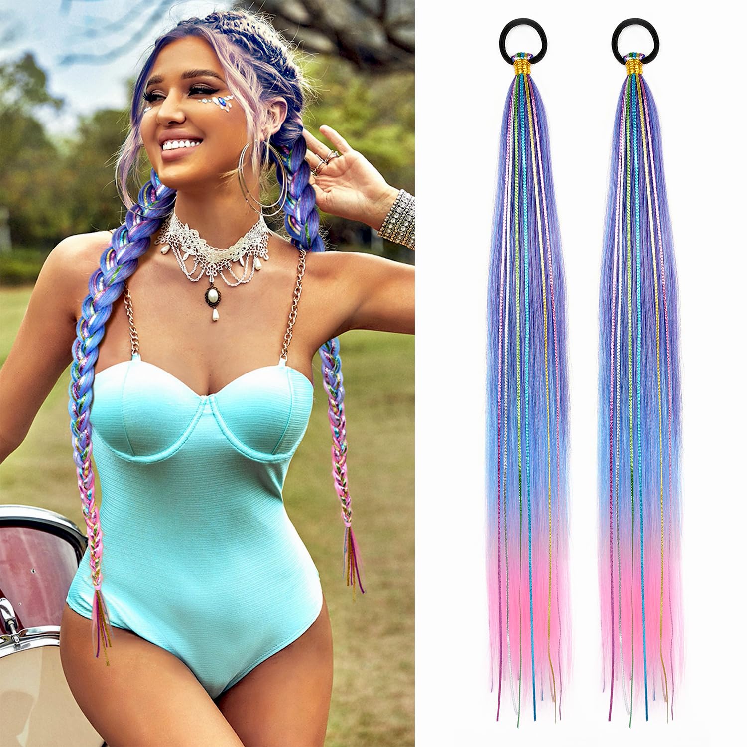 Photo 1 of LyoRuSi 26 Inch Hair Tinsel Colored Braided Ponytail Extension 2 Pack Blue Pink Gradient Hair Extensions Ponytail